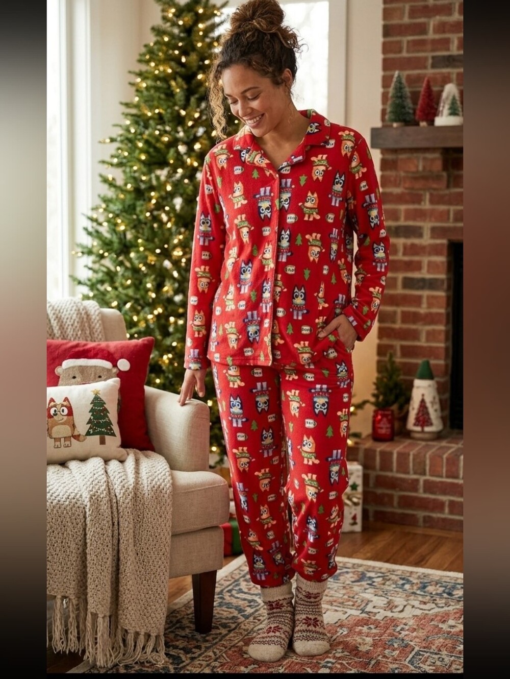 Bluey Christmas Pajama Set Womens Large Red Fleece Holiday Lounge Sleepwear